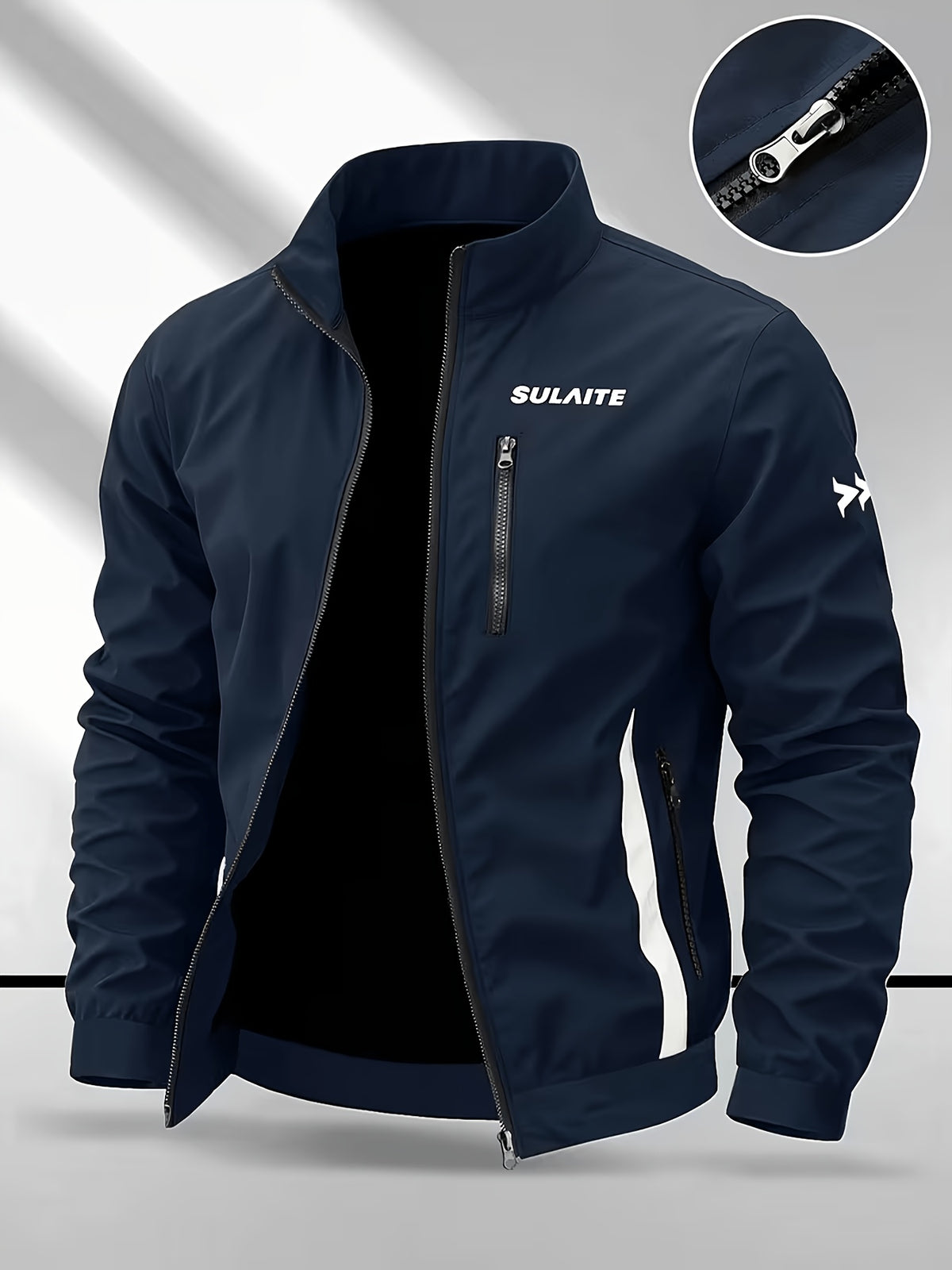 Men's Stand Collar Jacket with Color-blocking White Stripe Design and Logo, Business Casual Versatile Lightweight Windbreaker, Trendy Slim Fit Zip-up Sports Jacket, Suitable for Daily Work Wear. - Navy Color