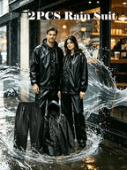 2pcs Unisex Rainwear Set, Including Hooded Jacket And Rain Pants, Lightweight And Durable, Easy to Fold Outdoor Gear, Suitable for Commuting, Cycling, Camping, And Other Rainy Outdoor - Black