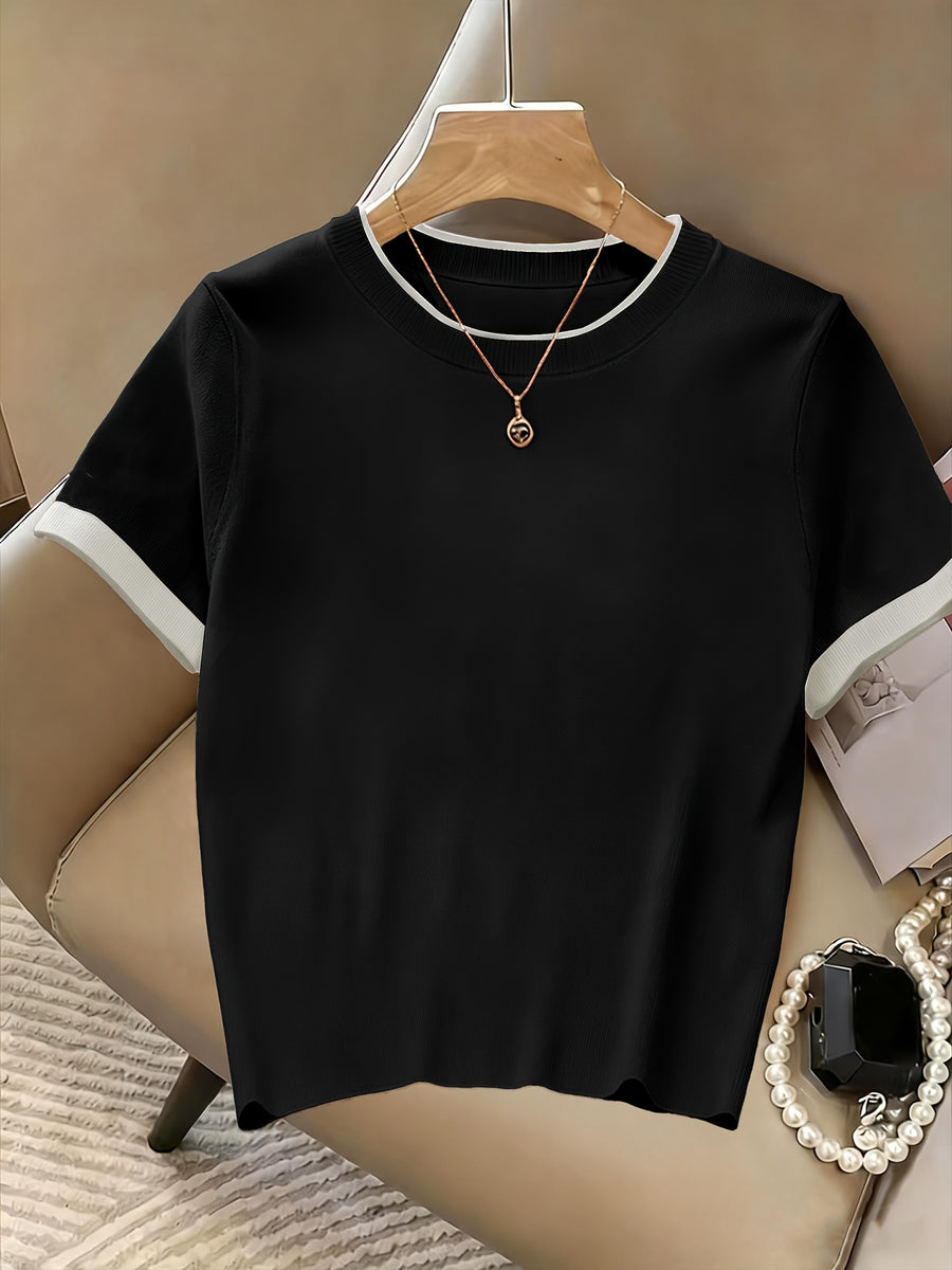 Popular New Spring/Summer Contrast Color Neckline and Cuffs Pullover Short-Sleeve T-Shirt, Ins-Style Simple and Fresh Fabric T-Shirt - Black