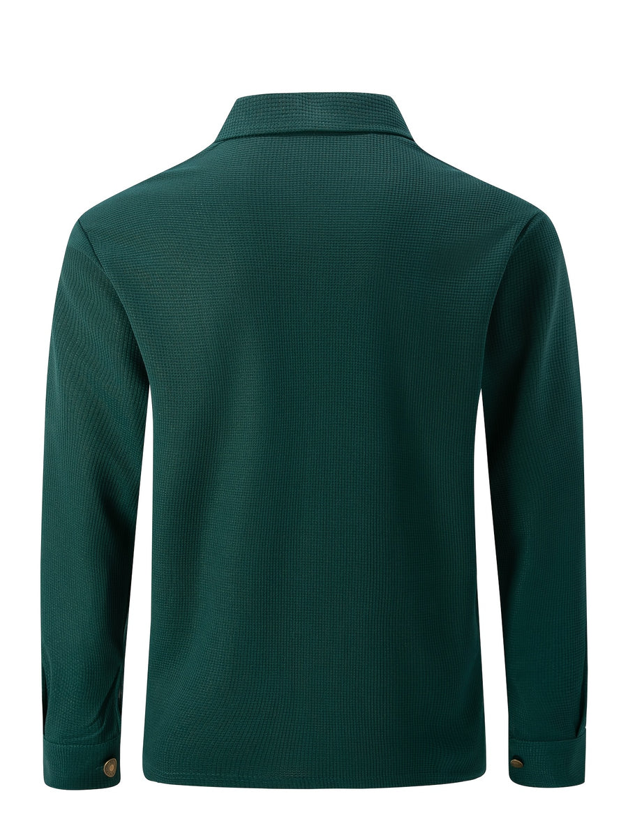 Men'S New Fall Winter Waffle Knit Shirt Jacket with Lapel, Multi-Pocket Button-Front Cargo Jacket - Dark Green