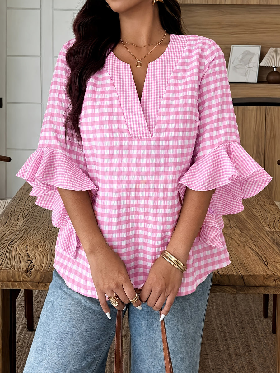 Women's Colorful Plaid Flared Sleeve Shirt for Spring, Summer, and Autumn, Casual Checkered Patchwork Shirt with Large and Small Plaid Patterns, Plaid Shirt for Vacation, Leisure, and Work Commutes - Pink Color