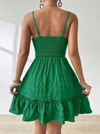 Women'S Vibrant Green Ruched Mini Dress with Adjustable Spaghetti Straps, Backless Design & Tiered Ruffle Hem - Lightweight Summer Casual Dress for Beach or Vacation, Beach Dresses, Vacation Attire, Ruched Texture, Fabric - Green