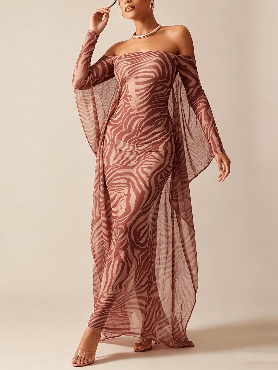 Sexy Party Hot Style Zebra Print Mesh Dress with Off-Shoulder and Open Back, Slim-Fit Long Dress - Sepia