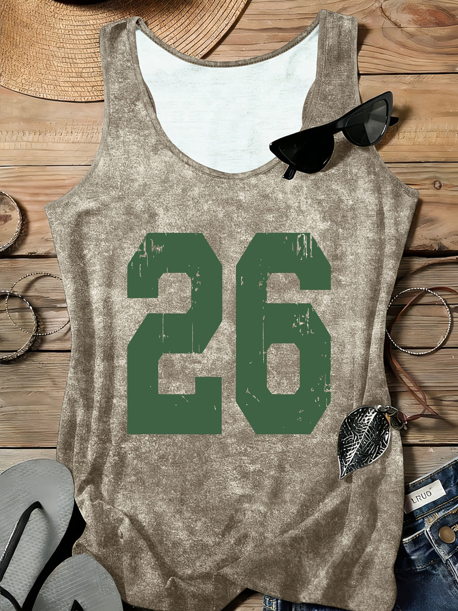A Series of Arabic Numerals, a Comfortable And Casual Tank Top with a Full Print of The Letter '26', Suitable for Travel, Leisure, And Outdoor Street Scenes - Olive Brown