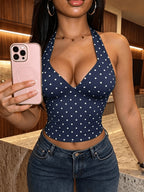 Women's Polka Dot Backless Slim-Fit Casual Camisole Top - Navy Color