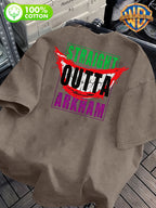 STRAIGHT OUTTA ARKHAM Text Pattern Front And Back Print, Men'S Casual T-Shirt Pure, Men'S Fashion Short Sleeve, Men'S Trendy Top, Washed Distressed Short Sleeve, Loose Fit, 1pc, Casual, Commute, Vacation, Premium, Couple Style, Student, Holiday - Coffee Color