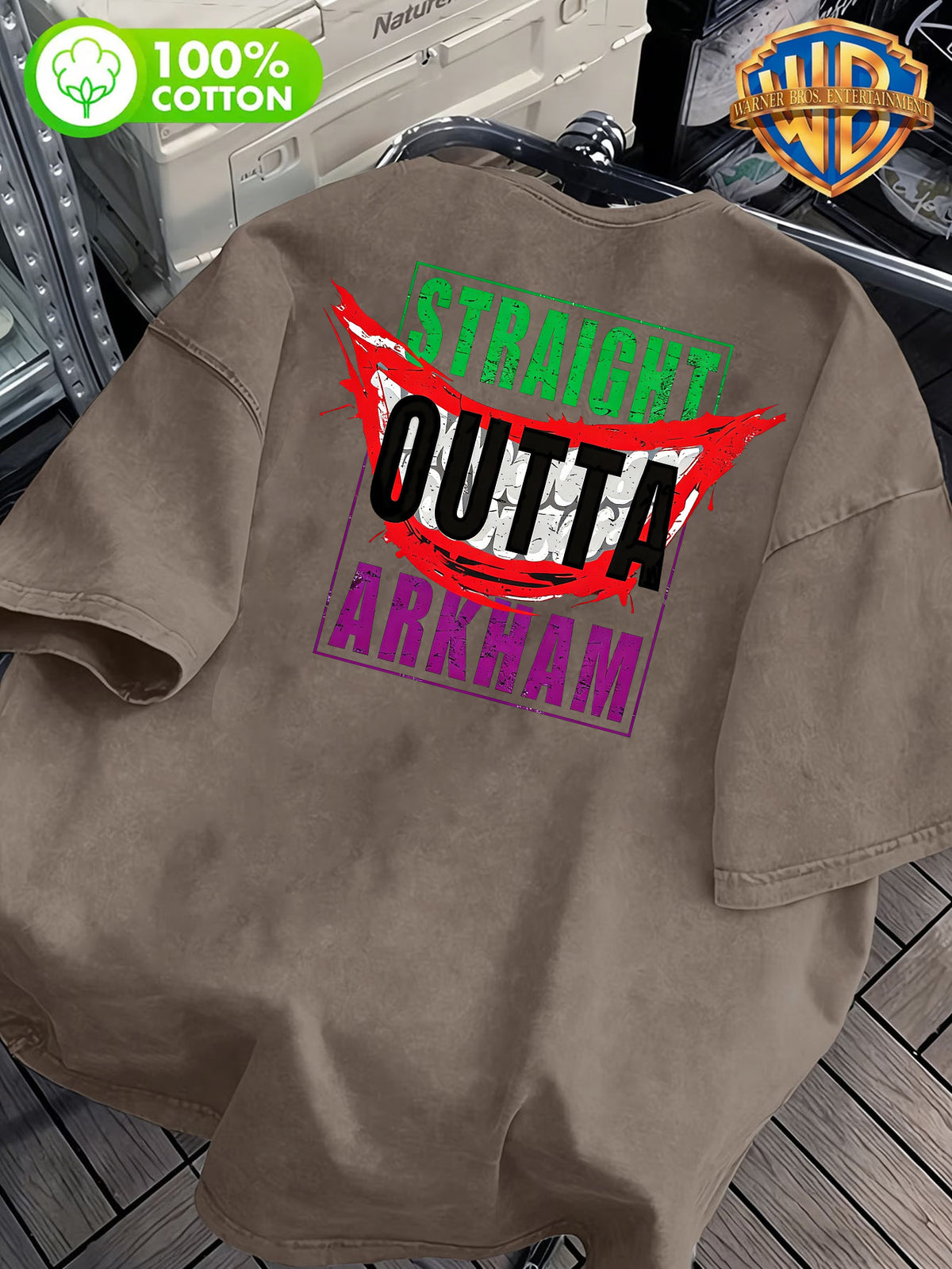 STRAIGHT OUTTA ARKHAM Text Pattern Front And Back Print, Men'S Casual T-Shirt Pure, Men'S Fashion Short Sleeve, Men'S Trendy Top, Washed Distressed Short Sleeve, Loose Fit, 1pc, Casual, Commute, Vacation, Premium, Couple Style, Student, Holiday - Coffee Color