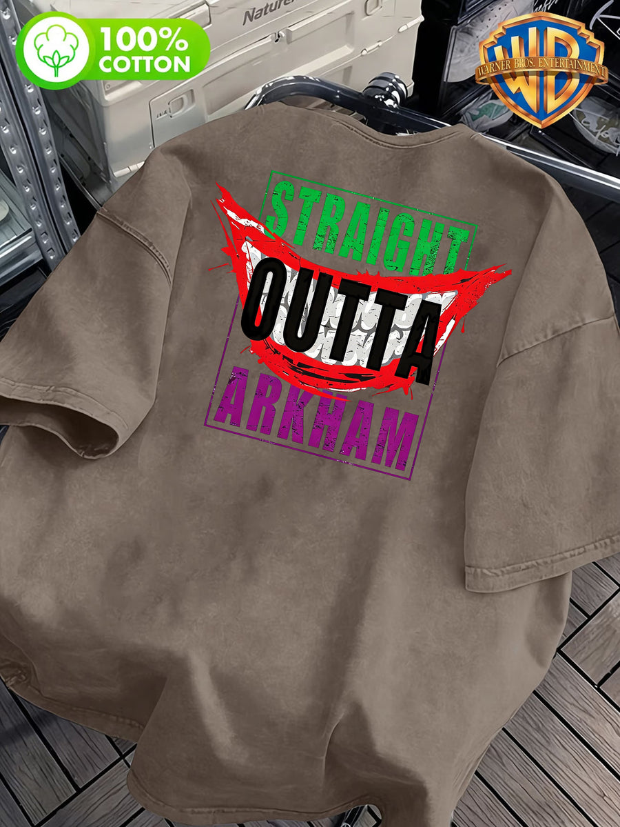 STRAIGHT OUTTA ARKHAM Text Pattern Front And Back Print, Men'S Casual T-Shirt Pure, Men'S Fashion Short Sleeve, Men'S Trendy Top, Washed Distressed Short Sleeve, Loose Fit, 1pc, Casual, Commute, Vacation, Premium, Couple Style, Student, Holiday - Coffee Color