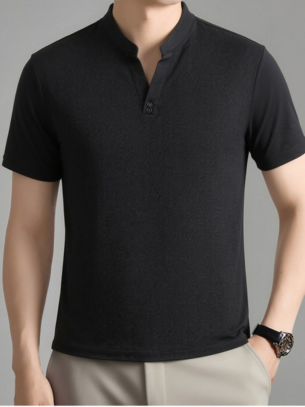 Men's Summer Short-Sleeve T-Shirt, Featuring a Stand-up Collar and Henry Collar Dual Design, with a Comfortable Texture Suitable for Both Business and Casual Wear - Dark Gray