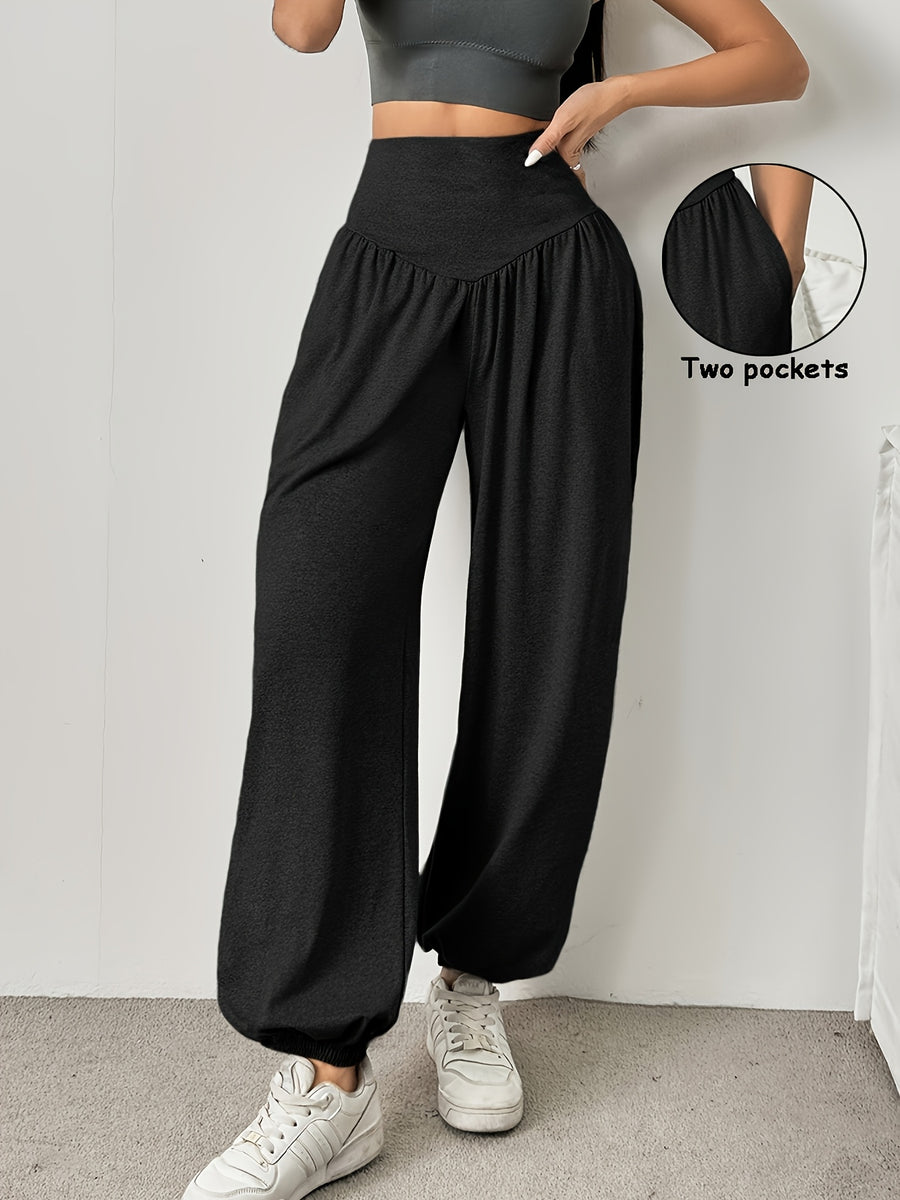 1pc Women'S High-Waist Comfortable Running Pants - Stretchy Soft Wide-Leg Casual Trousers, Suitable for Running And Fitness, Solid Color, All-Season - Black