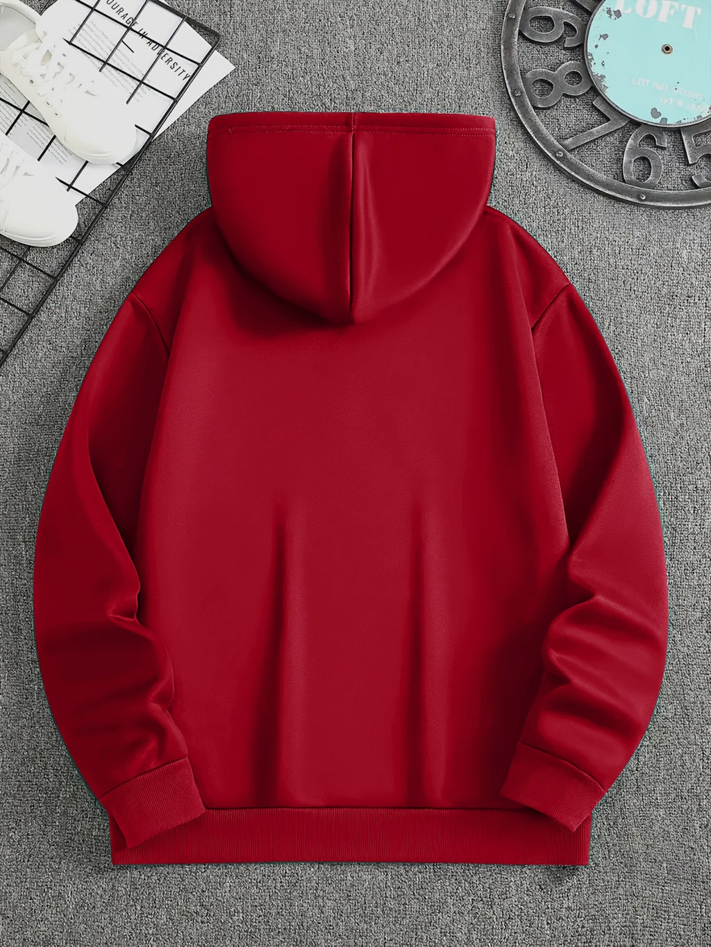 Minimalist Style Boston Letter Print Men'S Hooded Sweatshirt Regular Fit, Casual Long Sleeve Pullover - Red