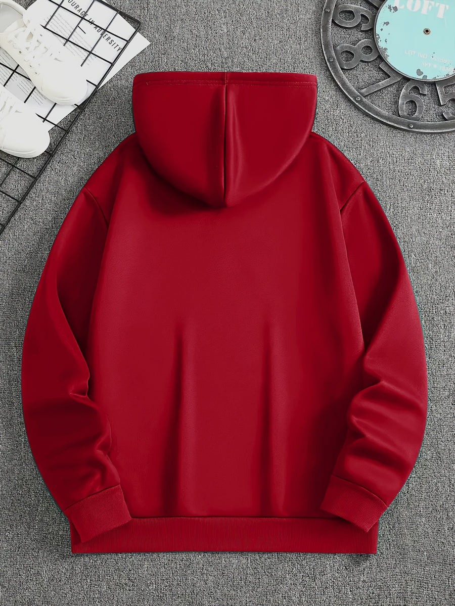 Minimalist Style Boston Letter Print Men'S Hooded Sweatshirt Regular Fit, Casual Long Sleeve Pullover - Red