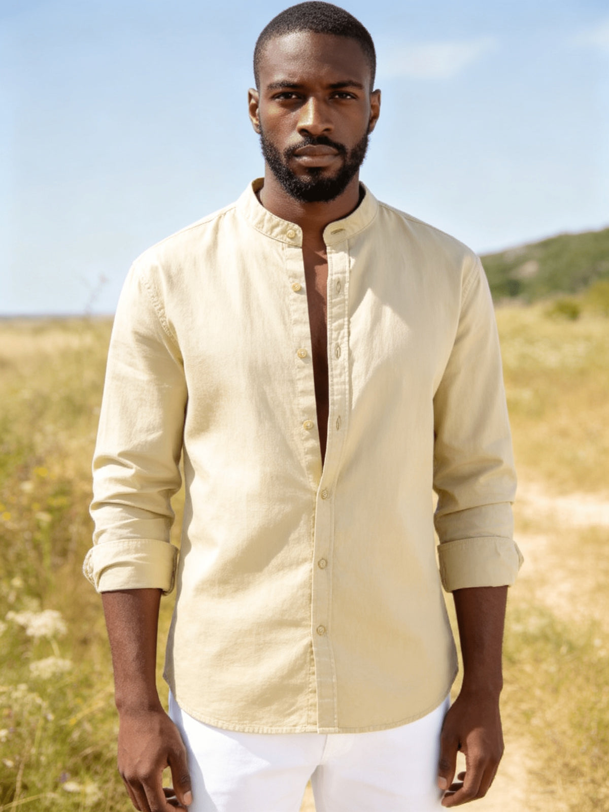 26-Year-Old Men'S New Small Stand-Up Collar Long-Sleeve Shirt, Classic Solid Colors And Multi-Colors Available. Soft, Breathable, Loose Fit for Men, Versatile Shirt for Daily Leisure - Khaki