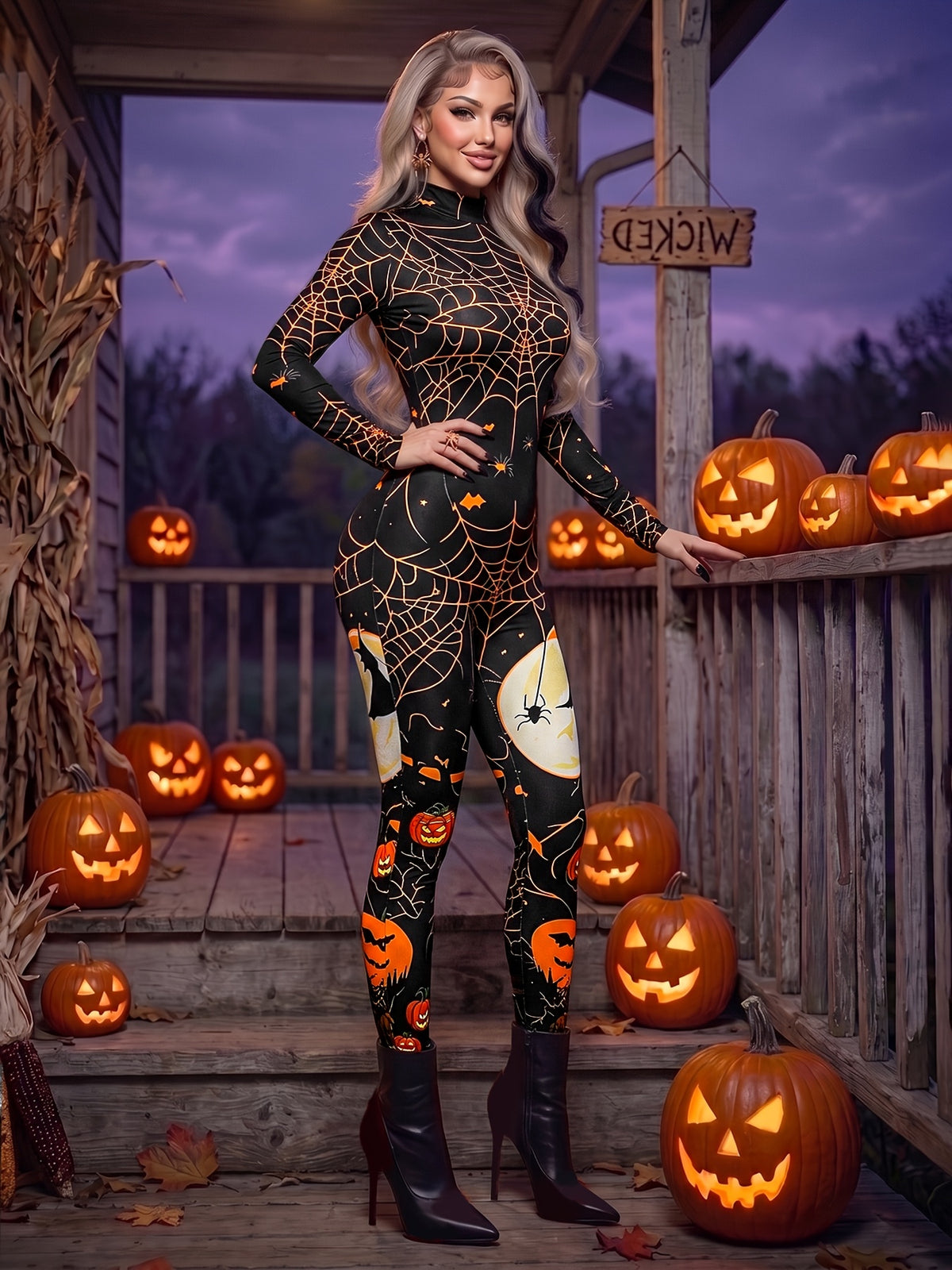 Women'S Halloween Cosplay Jumpsuit, Pumpkin Women Full Print High Neck Long Sleeve Stretch Bodycon Party Dress - Yellow