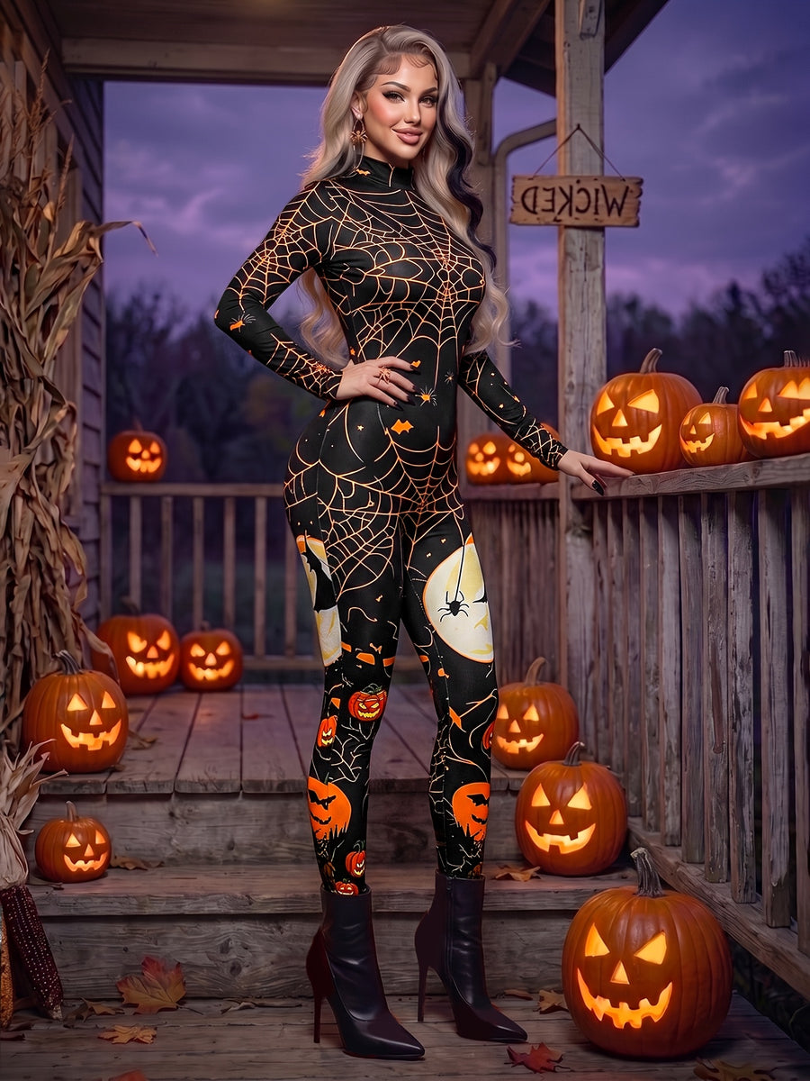 Women'S Halloween Cosplay Jumpsuit, Pumpkin Women Full Print High Neck Long Sleeve Stretch Bodycon Party Dress - Yellow