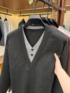 Autumn Winter New Faux Two-Piece Knit Sweater Retro Color-Block V-Neck Sweater Loose Double-Button Long Sleeve Pullover Business Casual All-Match Warm Base Layer Top Men'S Clothing - Black Gray