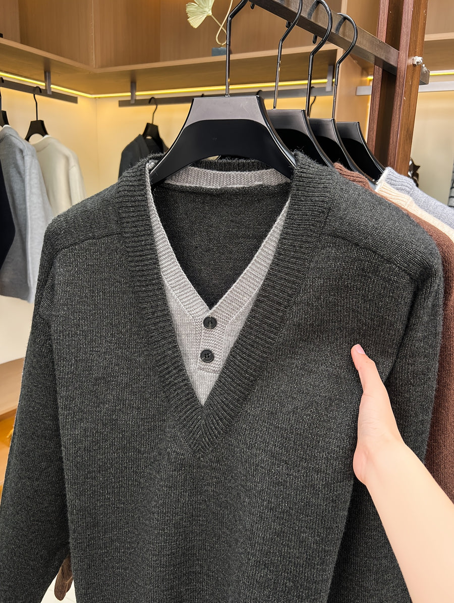 Autumn Winter New Faux Two-Piece Knit Sweater Retro Color-Block V-Neck Sweater Loose Double-Button Long Sleeve Pullover Business Casual All-Match Warm Base Layer Top Men'S Clothing - Black Gray
