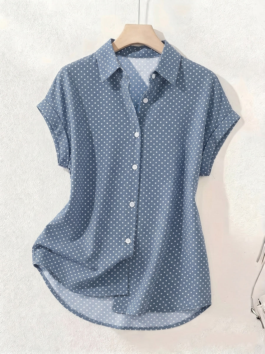 Summer Polka Dot Single-Breasted Short-Sleeve Shirt - Bright Steel Blue