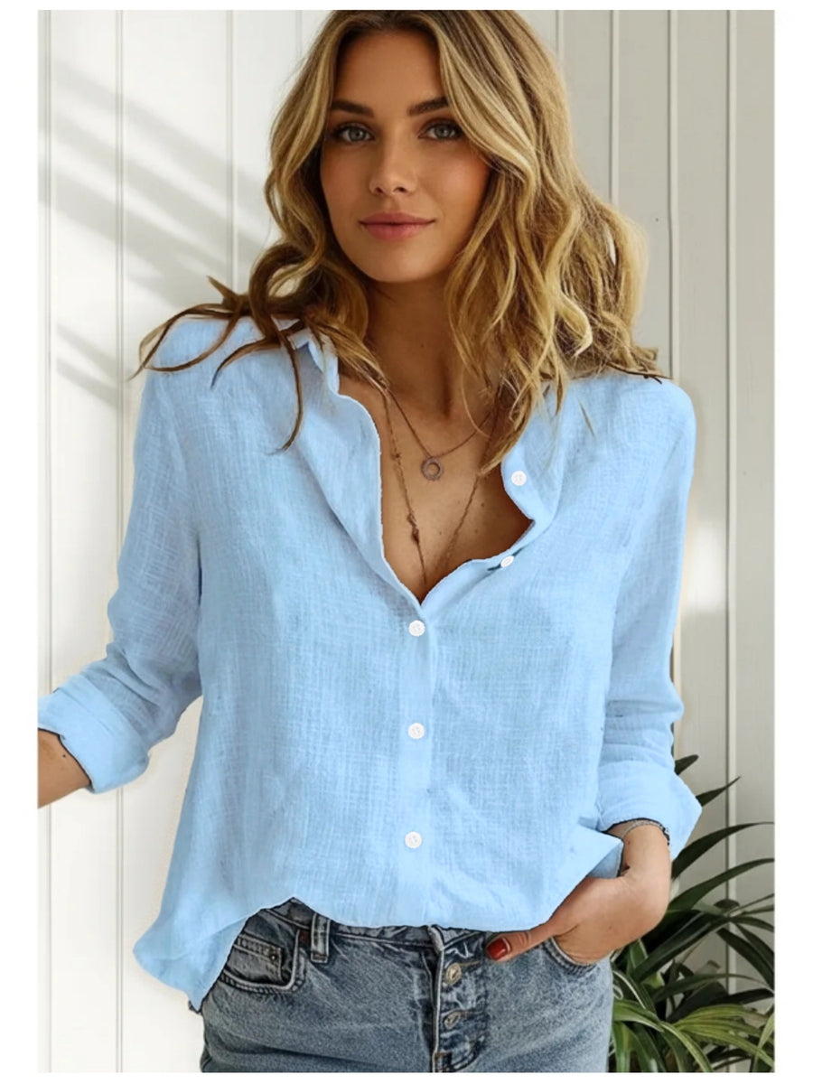 Women's New Spring, Autumn, and Winter Style 100% Long-Sleeve Shirt, Simple Open-Front Lapel Collar Comfortable Shirt, Fashionable, Elegant, and Versatile Solid Color Open-Front Long-Sleeve Top, Suitable for All Seasons, for Women's Daily, Casual - Sky Blue