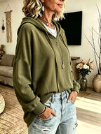 Plus Size - Western New Autumn Winter Solid Color Lapel Long Sleeve Pocket Drawstring Hooded Sweatshirt - Olive Green