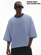 Summer Striped Cropped Loose-Fit Crew Neck T-Shirt, Men's Drop-Shoulder Simple Versatile Casual Top, Machine Washable - Mixed colors