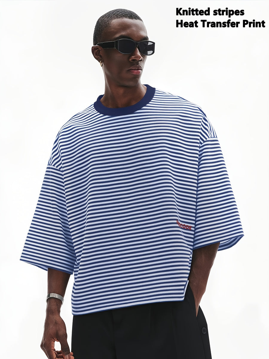 Summer Striped Cropped Loose-Fit Crew Neck T-Shirt, Men's Drop-Shoulder Simple Versatile Casual Top, Machine Washable - Mixed colors