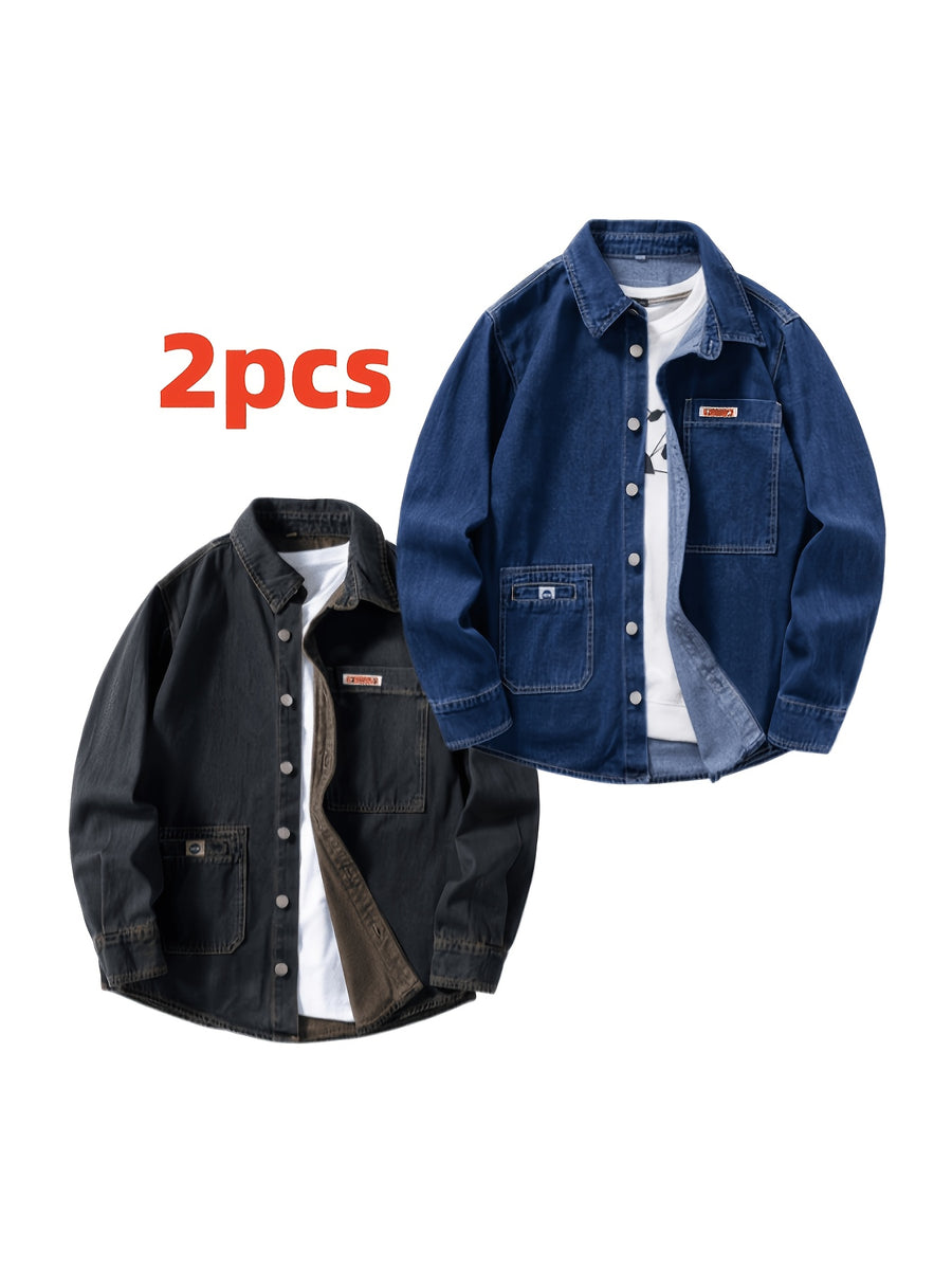 2pcs Men's Loose Vintage Washed Lapel Denim Shirt, Casual Versatile Daily Streetwear Jacket - Nostalgia + Deep Blue
