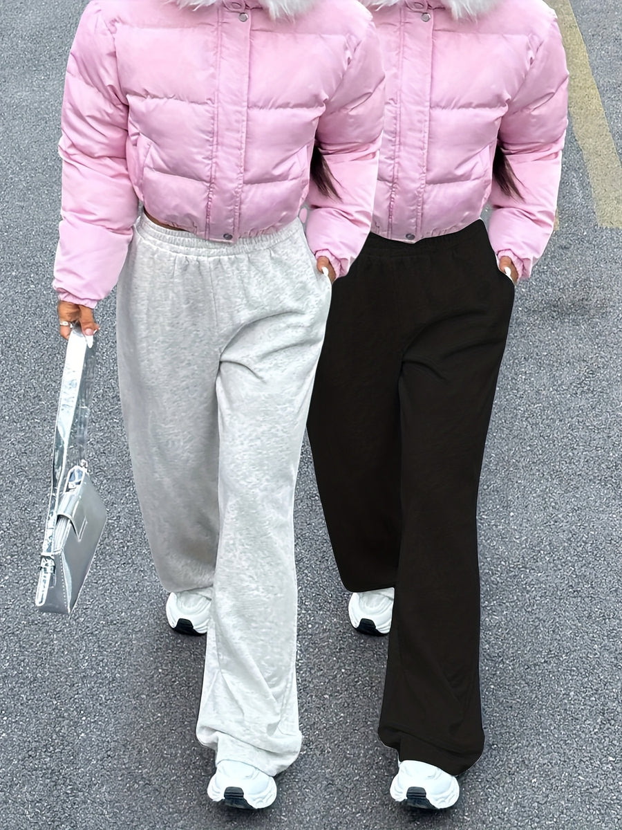 2pcs Asian Size Women's Casual Sport Long Pants with Elastic Waistband, Side Pockets Loose Simple Wide-Leg Trousers - Black+gray