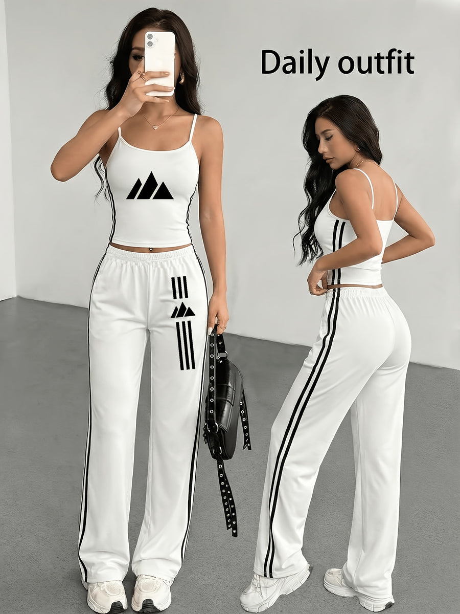 Women'S Elegant Suit, Loose Straight Leg, Side Contrast Stripes, Personalized Triangle Pattern Print, European And American Style Style, Elastic Waist, Straight Leg Wide Leg Long Pants, Paired with a Tight Short Suspender Vest - White