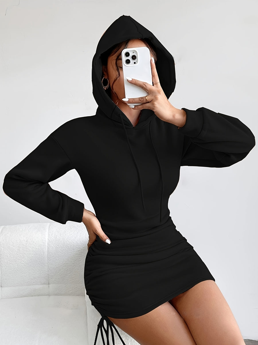 Youduomi Women's Vintage-Style European/American V-Neck Hooded Long-Sleeve Dress, Spicy Spring/Autumn Outerwear, Drawstring Gathered Waist, Slim-Fitting, Hip-Hugging Mini Dress Q148 - Black