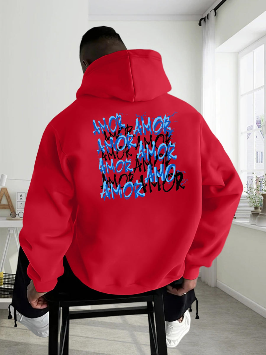 Thanksgiving Men's Hoodie with "AMOR" Blue Ink Splatter Graffiti Print on the Back, Warm and Comfortable Autumn/Winter Hooded Sweatshirt, Featuring a Practical Kangaroo Pocket, Trendy Brand-Style Stacked Letter Pattern and Floral Design - Red