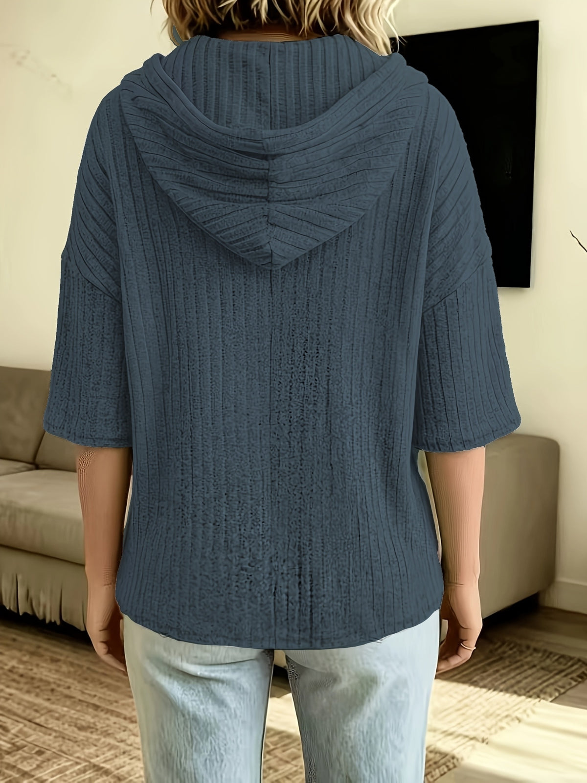 Fashionable Hooded Sweatshirt Autumn New Women'S Short Sleeve Hoodie, Elegant Ribbed Material, Hooded Sweatshirt Suitable for Daily Commute Office Wear, Party Outing Outdoor Wear - Sea Blue