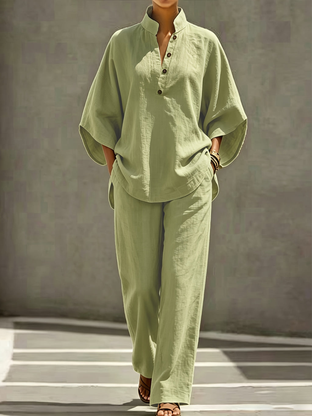 [PLMM] Spring Autumn Winter Women'S Fabric Button Short Collar Fashion Casual Two-Piece Long Pants Set - Yellow-green