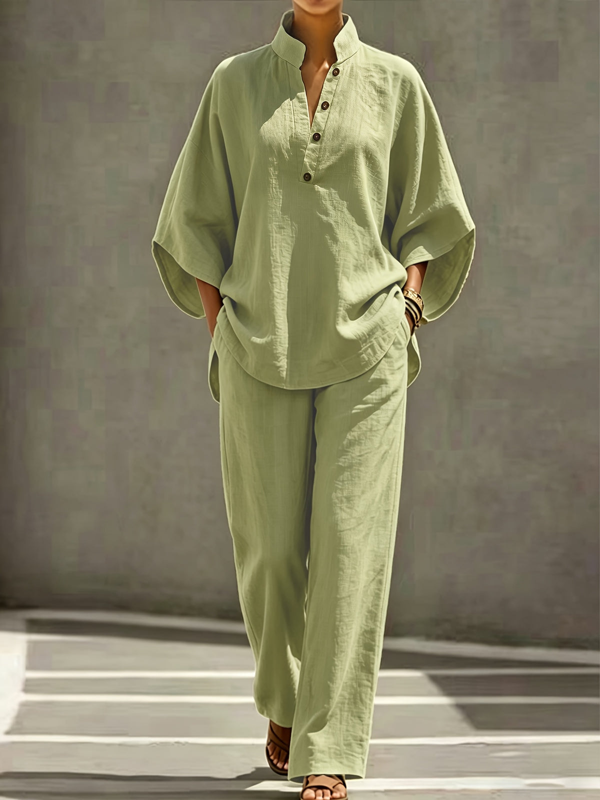 [PLMM] Spring Autumn Winter Women'S Fabric Button Short Collar Fashion Casual Two-Piece Long Pants Set - Yellow-green