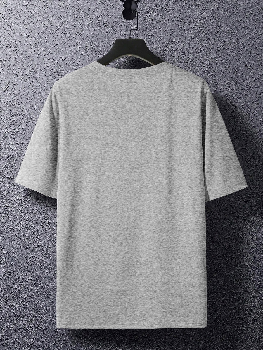 Men's Trendy Short-Sleeve T-Shirt with Minimalist Brown Long Strip Logo Print on the Chest, Crew Neck Top for Daily Wear - Light Grey