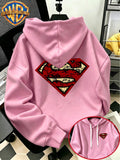 [Warner Bros. Official] Autumn/Winter Streetwear Fashion Men's Drawstring Pocket Hooded Sweatshirt, Vintage Distressed Superman "S" Logo Worn Badge Print Design, Sporty Style Loose Fit Hoodie, for Daily Casual Wear, Men's Trendy Fashion - Pink Color