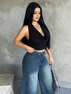 Fashionable Slim-Fit Backless Halter Neck Women's Tank Top - Black