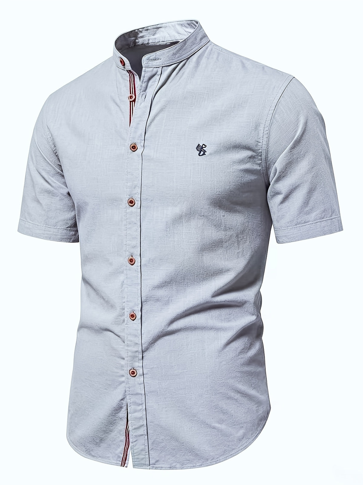 Men'S Stand-Up Collar Short Sleeve Shirt, High-Quality Solid Color Business Casual Top, Suitable for Spring Summer - Grey