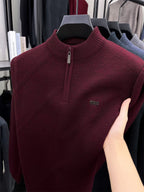 Autumn Winter Knit 3D Solid Color High Neck Half-Zip Sweater, Basic Knit Pullover Top for Men, Fashionable Long Sleeve HJ - Burgundy color