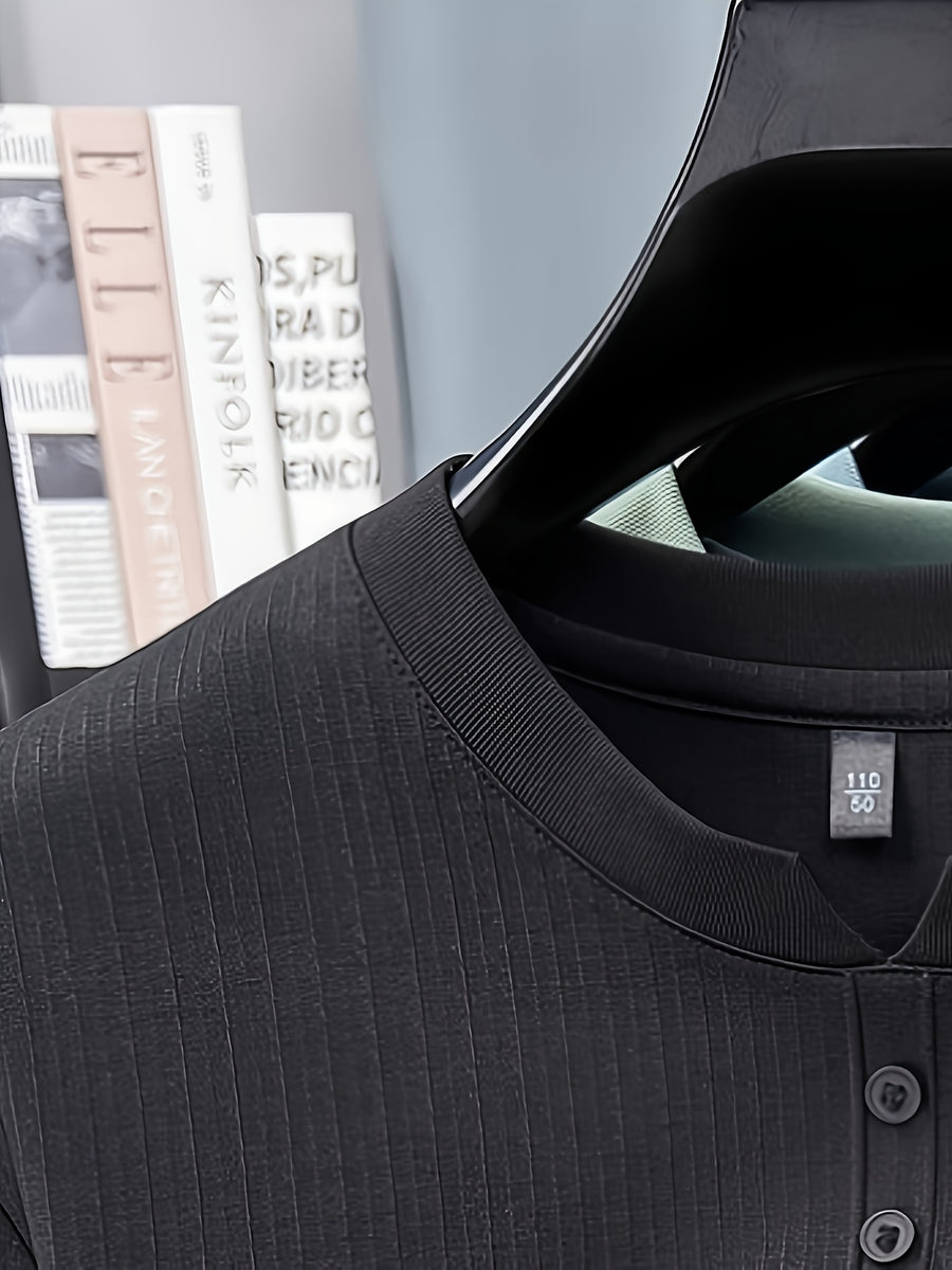 Men's Summer Short-Sleeve Crewneck T-Shirt - Breathable Business Casual Round Neck Base Layer Top, Solid Color Asymmetrical Hem Suitable for Daily Work Wear, Office & Casual Outfits, Machine Washable Light Luxury Style - Moyu Black