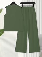 Chinese Style Embroidered Women's Set, Breathable Vest and Pants Outfit - Two-Piece Casual Elegant Ensemble - Olive Green