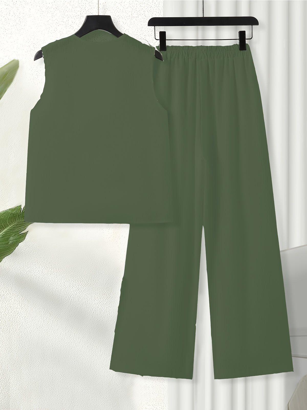 Chinese Style Embroidered Women's Set, Breathable Vest and Pants Outfit - Two-Piece Casual Elegant Ensemble - Olive Green