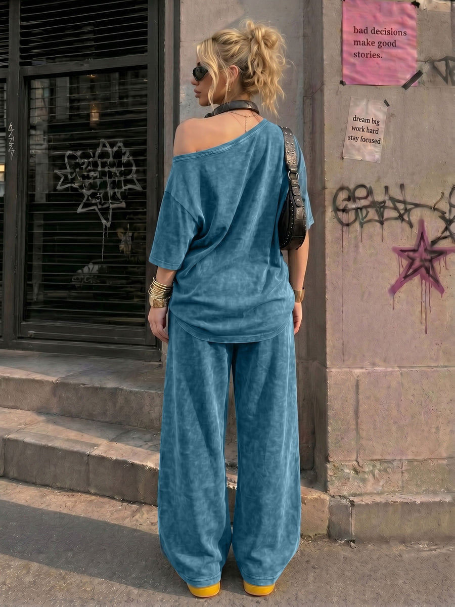 Retro American California Size 23 Number Print New Spring Summer Casual Jersey Sportswear, Street Sport Style Women'S Washed Off-Shoulder T-Shirt And Long Pants Two-Piece Set, Washed Suit, American Street College Style - Navy Color