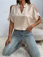 Women'S Chic Stand Collar V-Neck Cold Shoulder Short Sleeve Top - Satin Texture, Ideal for Mother'S Day & Independence Day Commute, Suitable for Spring & Summer Casual & Date Looks, Luxury Style Outfit - Apricot