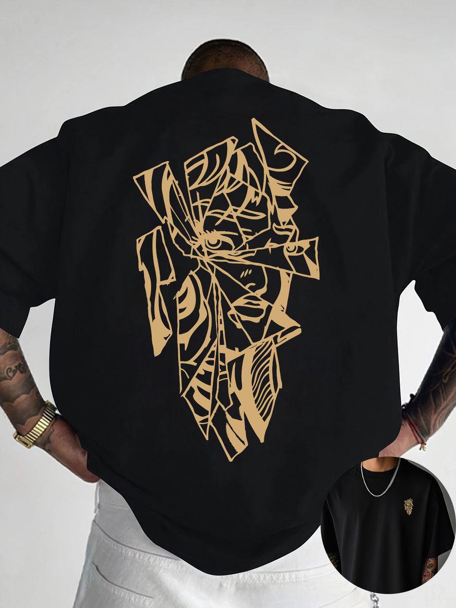 Creative Front and Back Printed Graphic Crew Neck T-shirt, Pure Cotton Summer Trendy Fashion Short Sleeve, Casual Daily Style Top, Essential for Outings and Leisure, an Excellent Gift Choice - Black