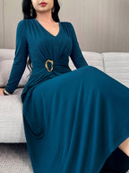 New Autumn Long Sleeve Middle Eastern Style Slim-Fit Sleeveless Waist-Cinching Dress with Metal Buckle Decoration, Long French-Style Light Luxury Commuting and Banquet Dress for Women - Peacock Blue