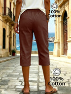 Women's Summer Solid Color Relaxed Fit Casual Mid-Length Pants, Made of Pure Fabric, with Elastic Waistband and Pockets. Loose-Fitting Mid-Length Pants, Suitable for Vacation and Daily Wear - Dark Brown