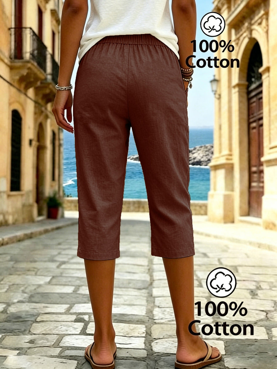 Women's Summer Solid Color Relaxed Fit Casual Mid-Length Pants, Made of Pure Fabric, with Elastic Waistband and Pockets. Loose-Fitting Mid-Length Pants, Suitable for Vacation and Daily Wear - Dark Brown