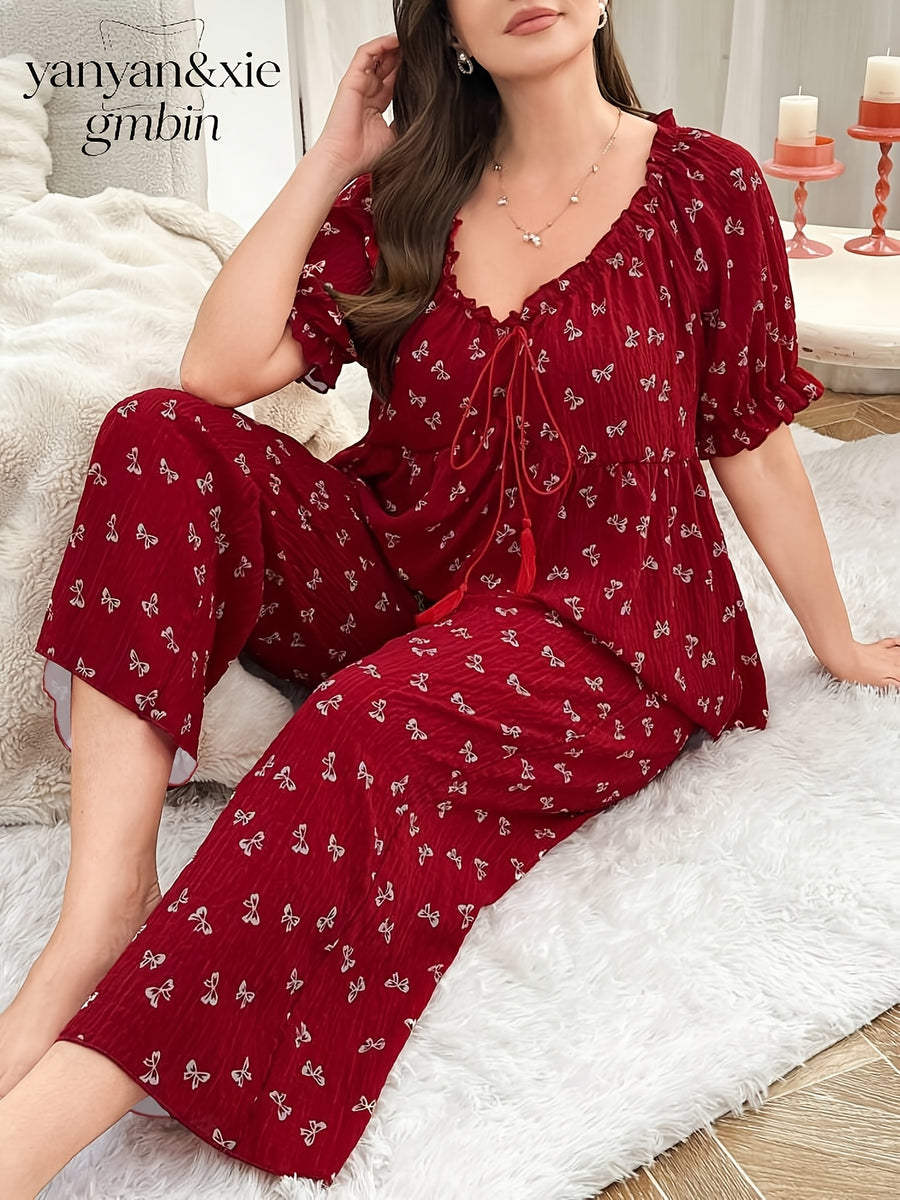Plus Size Women'S Elegant Fashion Front Tie Bow Printed Short Sleeve Long Pants Home Wear Set - Red