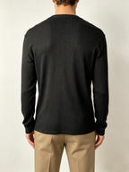 Men'S Black Vertical Ribbed V-Neck Long Sleeve T-Shirt, Easy Loose Drapey Solid Base Layer Commuter Casual Top - Black